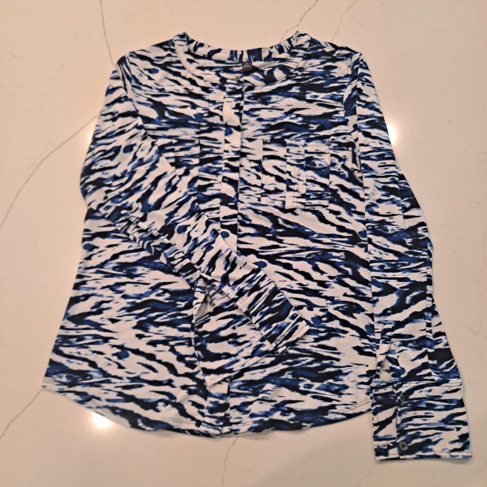 Dana Buchman Blue White Black WAVY Camo ABSTRACT Print LS Size M Blouse Top
